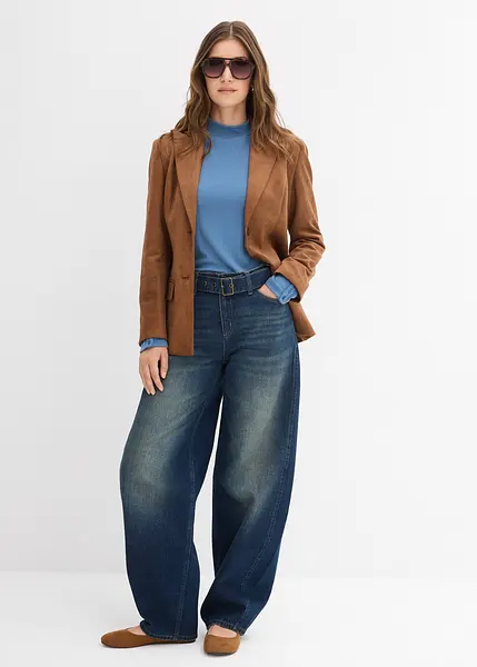 Lediga barrel jeans med skärp mörkblå denim used-look, Normal