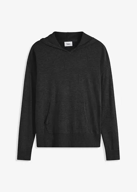 Stickad hoodie med känguruficka i viskosmix