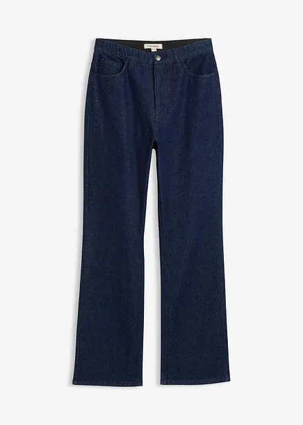 Loose Straight Jeans High Waist, med bekväm midja och strass