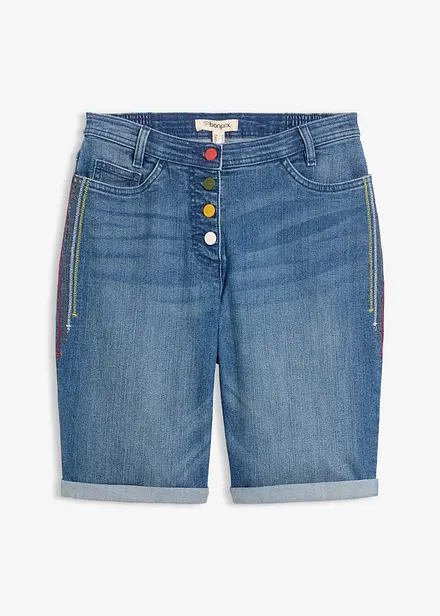 Jeansbermudas Mid Waist med broderi och bekv&auml;m midja
