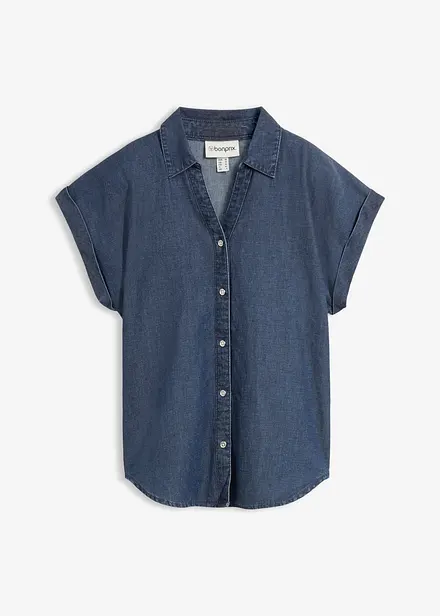 Kort&auml;rmad jeansblus med linneandel