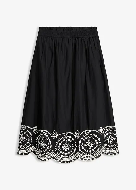 Mellanl&aring;ng kjol i bomull med h&aring;lbroderi