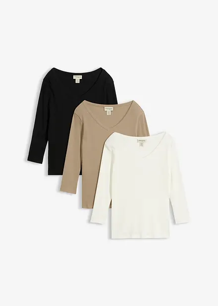 Ribbstickad topp med 3/4-&auml;rmar, av ekologisk bomull (3-pack)