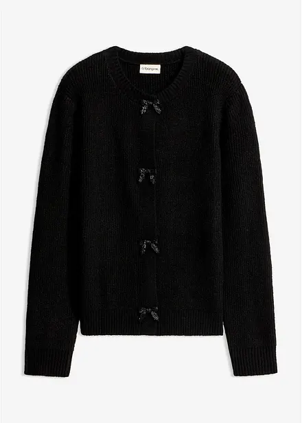 Finstickad cardigan med rosetter