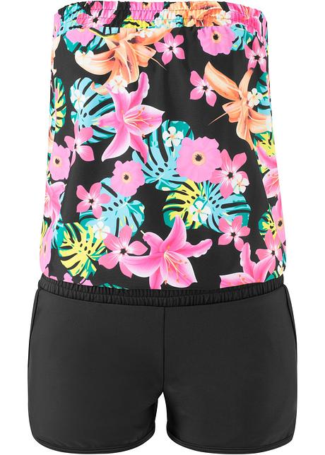 Snygg badjumpsuit med integrerad byxa - svart/pink/turkos, blommig