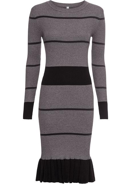 Elegant stickad klänning med volang i nederkanten grå Stickad klänning med volang svart BODYFLIRT boutique köp