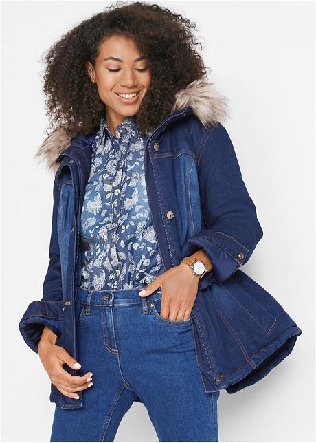 Hållbar jeansjacka av återvunnen polyester, fodrad blå Dam Hållbar jeansjacka av återvunnen polyester, fodrad mörkblå