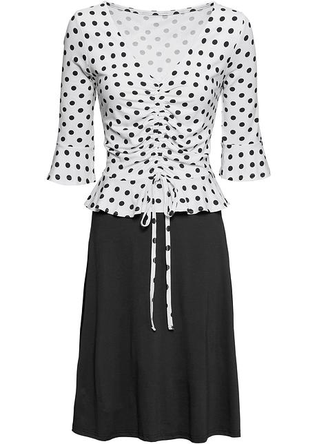Moderiktig jerseyklänning med volanger, snörning och rynk Klänning med volang svartvit BODYFLIRT boutique bonprix.se