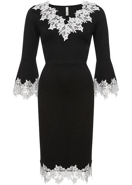 Jerseyklänning med spets svartvit BODYFLIRT boutique köp Klänning med volang svartvit BODYFLIRT boutique bonprix.se