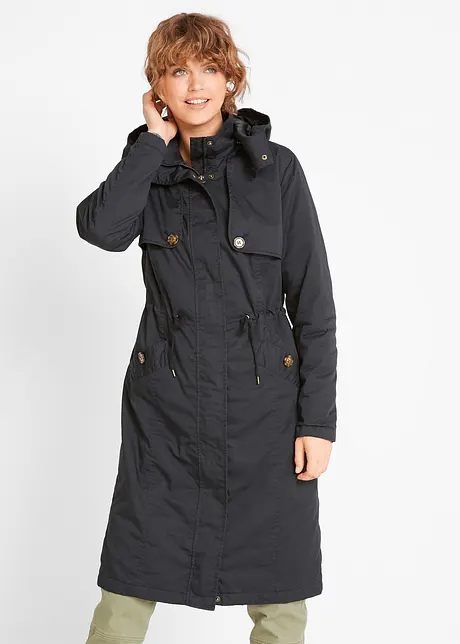 Lång figursydd trenchcoat med huva, lätt fodrad, bonprix