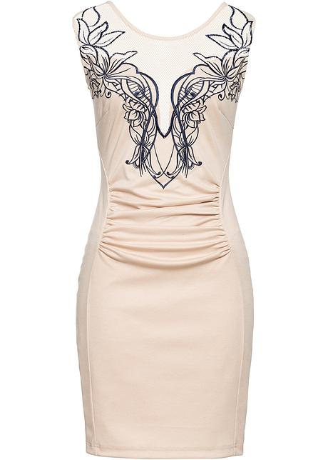 Stretchklänning med nätinfällning och broderi beige Klänning beige BODYFLIRT köp online bonprix.se