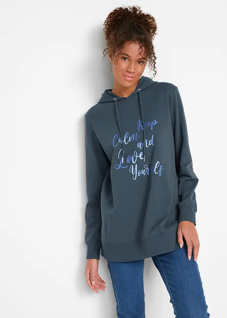 Sportig, feminin sweatshirt med metalliskt texttryck, sprund i sidorna för större rörelsefrihet samt huva, bonprix