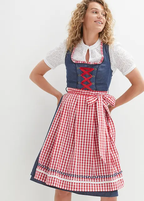 Knälång dirndl med jeanslook och förkläde (2 delar), bonprix