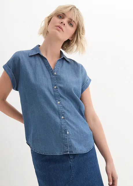 Kortärmad jeansblus med linneandel, bonprix