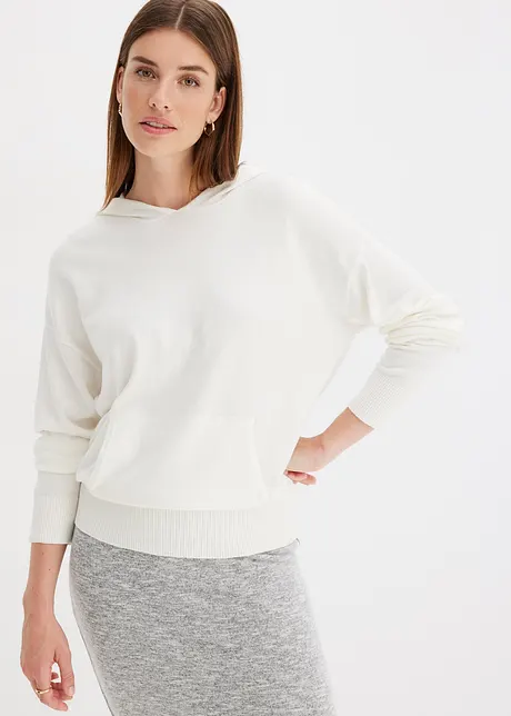 Stickad hoodie med känguruficka i viskosmix, bonprix