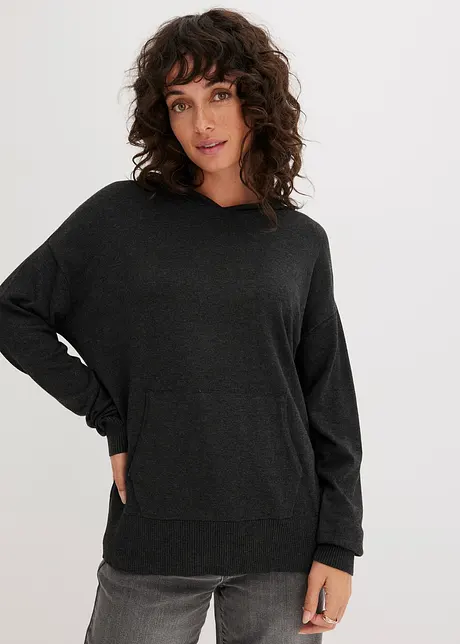 Stickad hoodie med känguruficka i viskosmix, bonprix