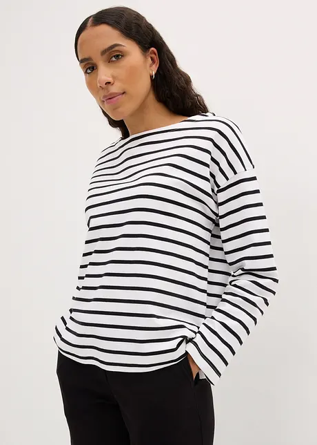 Långärmad T-shirt med vid båtringning (2-pack), ekologisk bomull, bonprix