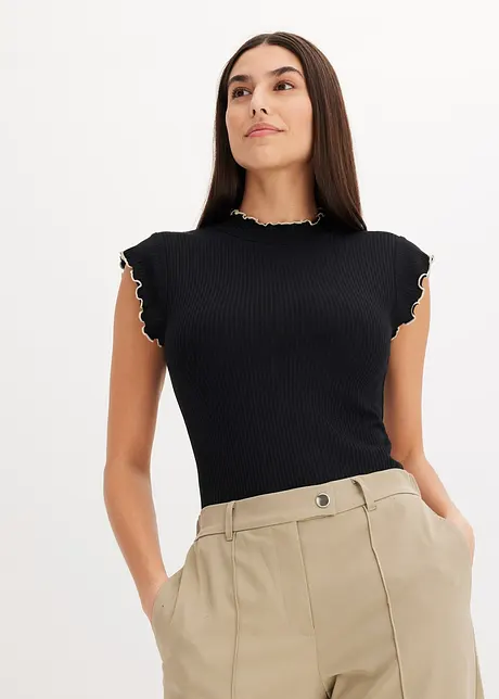 Ribbstickad topp med krusade avslut, bonprix