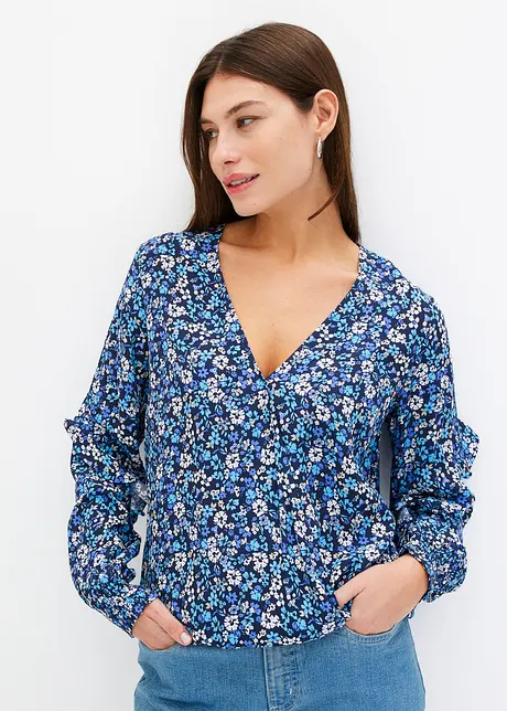 Mönstrad blus med volang, bonprix
