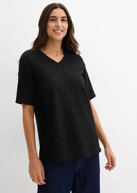 Kräppad, lätt transparent topp med hålbroderi, bonprix