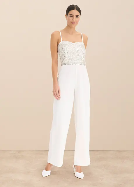 Brudjumpsuit i kräpp med struktur och med pärlbroderi, bonprix