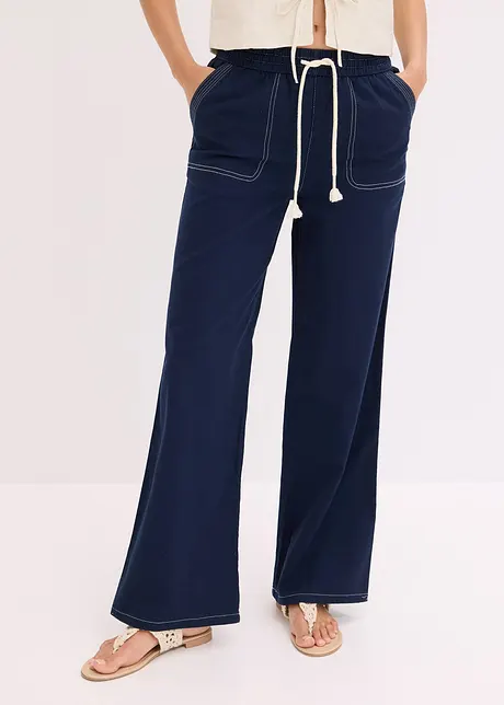 Byxa med snodd i midjan och kontrasterande sömmar, av lätt twill, bonprix