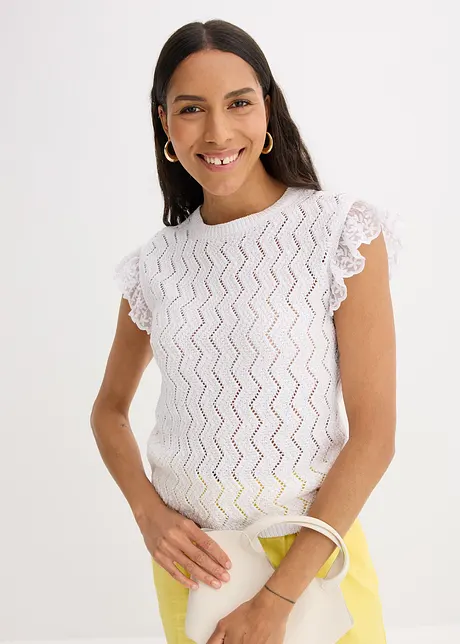 Stickad topp med virkad look och spets, bonprix