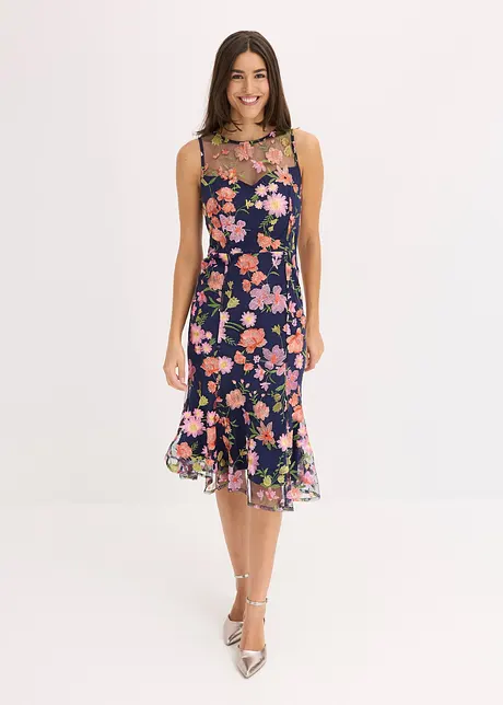 Mellanlång klänning med blombroderi, bonprix