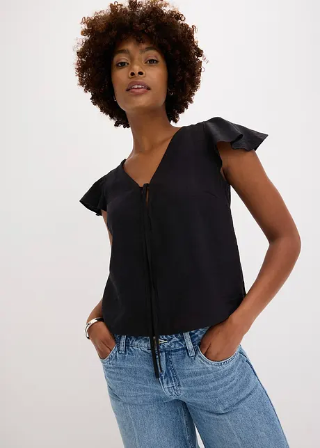 Blus med volangärmar i  glansigt material, bonprix