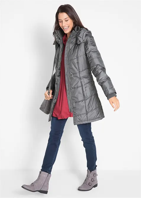 L&aring;ng vadderad t&auml;ckjacka med krage och huva, bonprix