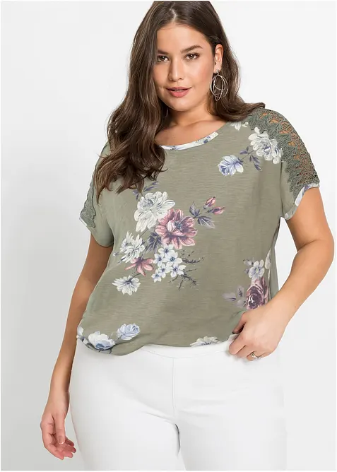 M&ouml;nstrad topp med spets, bonprix