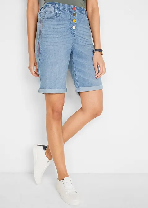 Jeansbermudas Mid Waist med broderi och bekv&auml;m midja, bonprix