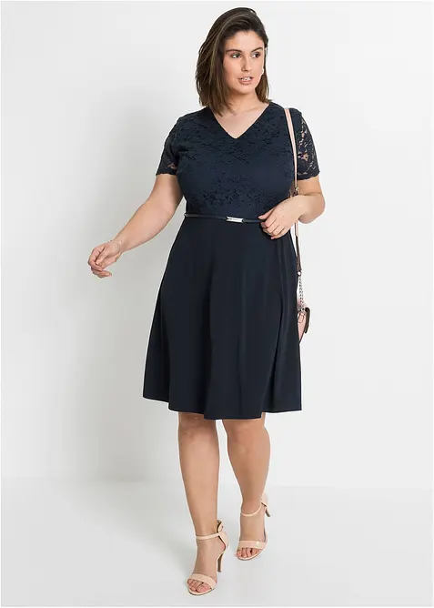 Miniklänning med spets och skärp, bonprix