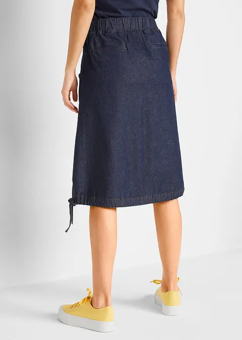 Stretchig jeanskjol med stråveck, knytband och bekväm midja, bonprix