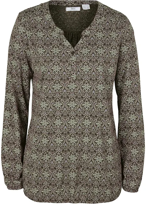 M&ouml;nstrad l&aring;ng&auml;rmad topp med farfarskrage, bonprix