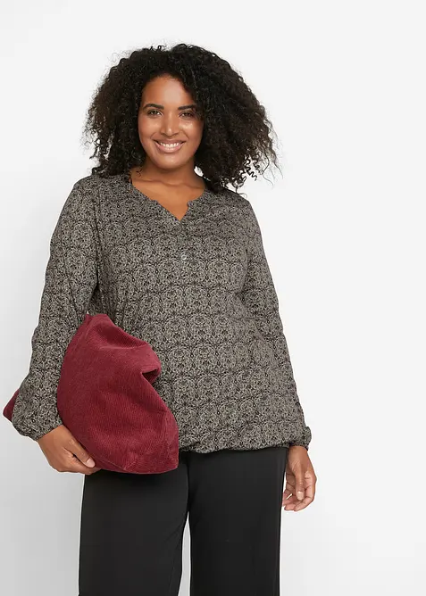 M&ouml;nstrad l&aring;ng&auml;rmad topp med farfarskrage, bonprix