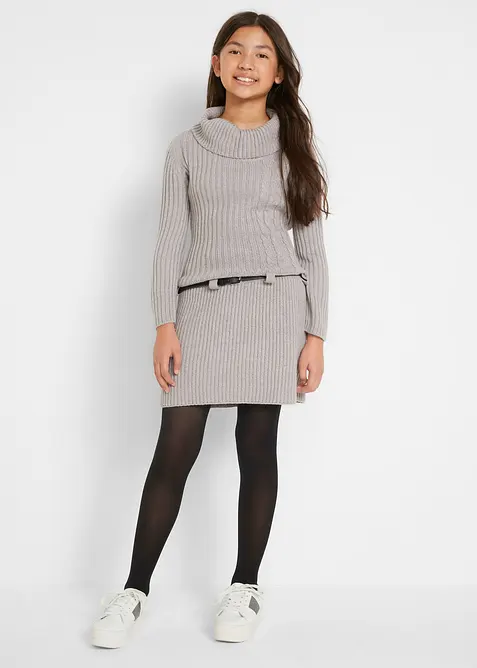 Stickad klänning med skärp för barn (2 delar), bonprix