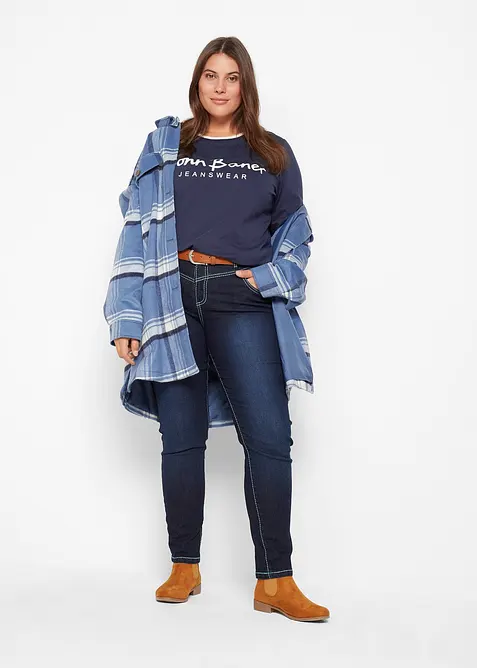 Slim Jeans Mid Waist, med kontrastfärgade sömmar, bonprix