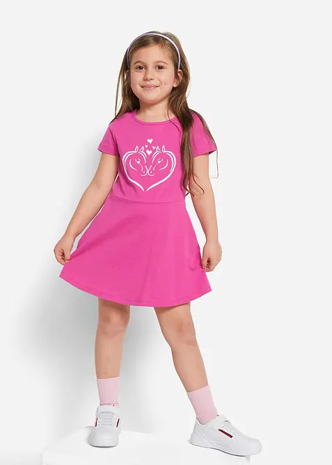 Kortärmad jerseyklänning för barn (2-pack), ekologisk bomull, bonprix