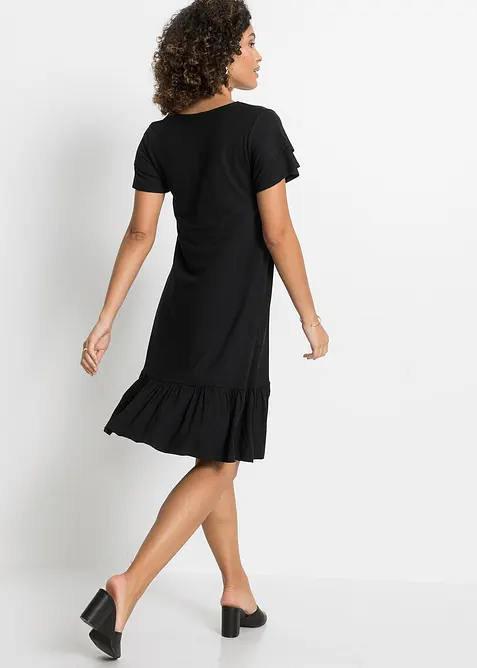 Jerseyklänning med volang i viskosmix, bonprix