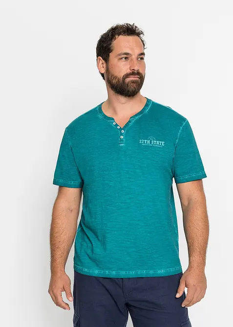 T-shirt i bomull med farfarskrage och tv&auml;ttad look, bonprix