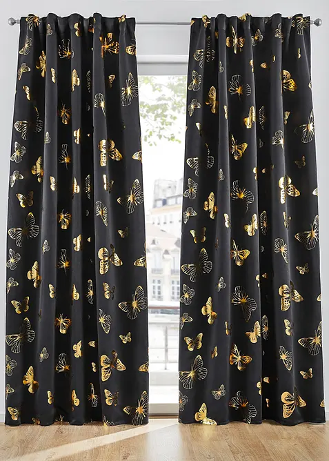Mörkläggande gardinlängd med glansigt fjärilsmönster (1-pack), bonprix