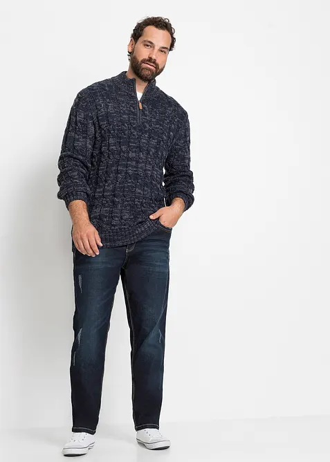 Melerad tröja med hög krage, dragkedja och flätmönster, bonprix