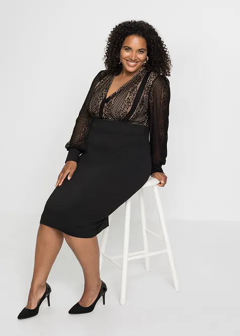 Insvängd midiklänning med spets, bonprix