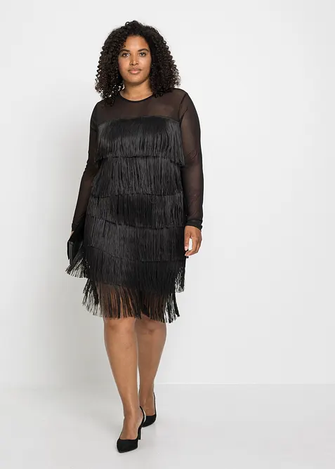 Mellanl&aring;ng kl&auml;nning i luftig mesh med fransar, bonprix