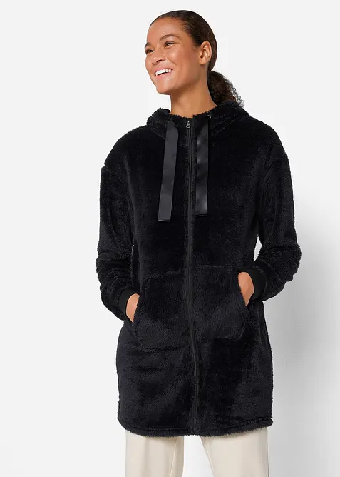 Lång, mysig fleecejacka med huva, bonprix