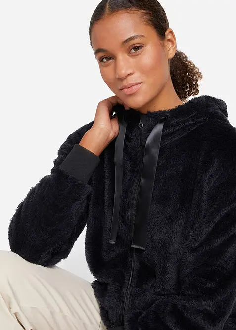 Lång, mysig fleecejacka med huva, bonprix