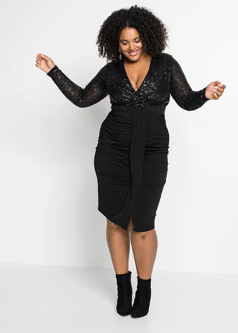 Draperad jerseyklänning med paljetter, bonprix