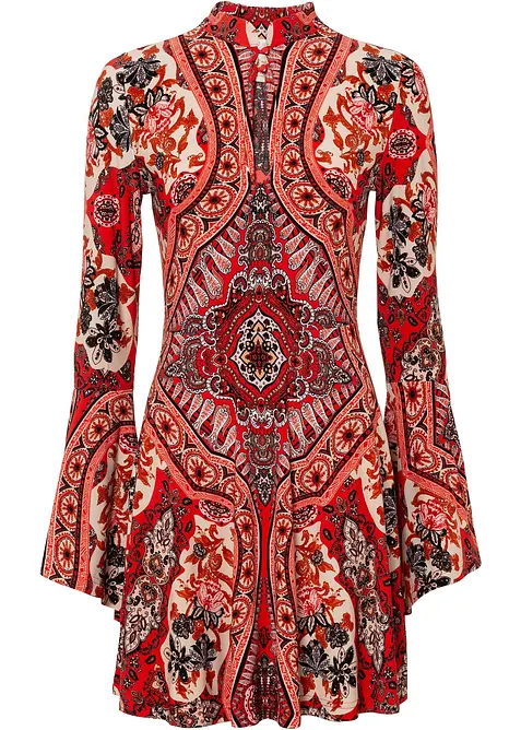 Jerseyklänning med ståkrage och volangärm, bonprix