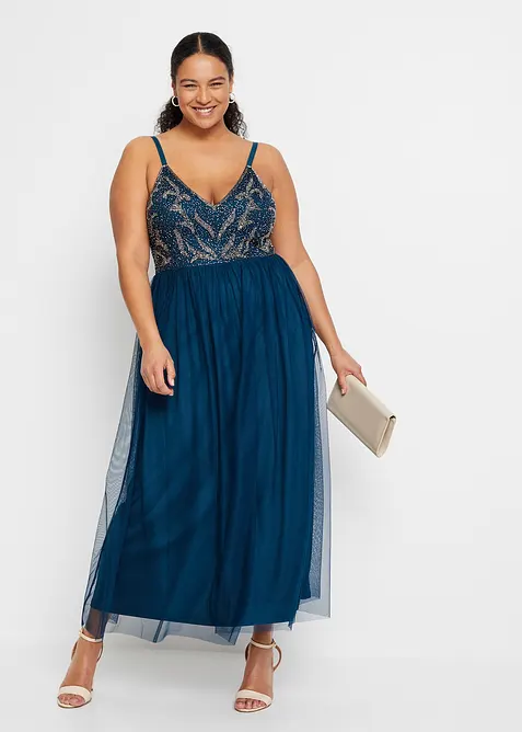 Klänning med smala axelband och pärlapplikation, bonprix